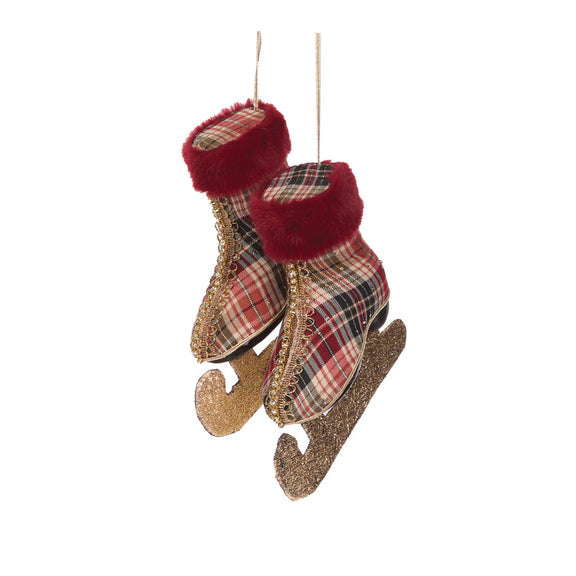 Red and green winter tartan Christmas skates with faux fur trim – festive decorative ornament.