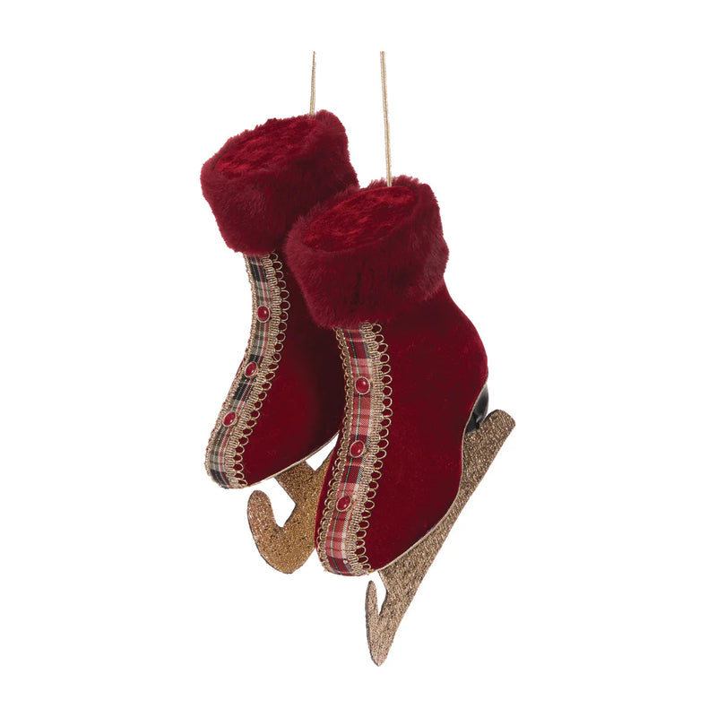 Large 24 cm red and green winter tartan skates with faux fur trim – traditional Christmas decoration