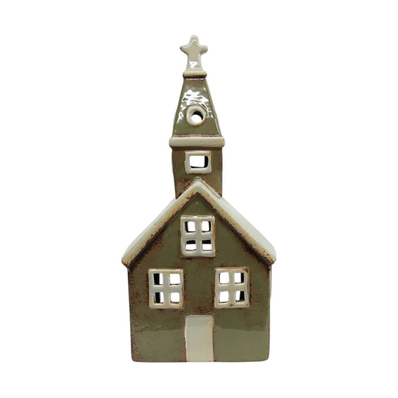 Alsace Tealight Church Olive Green – hand-painted ceramic Christmas house décor
