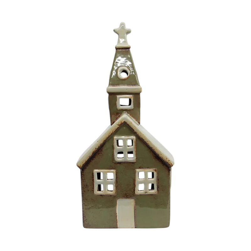 Alsace Tealight Church Olive Green – hand-painted ceramic Christmas house décor