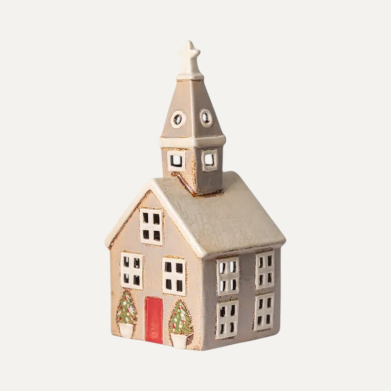 Stone Alsace Tea Light Church with trees - handpainted ceramic Christmas village collectable