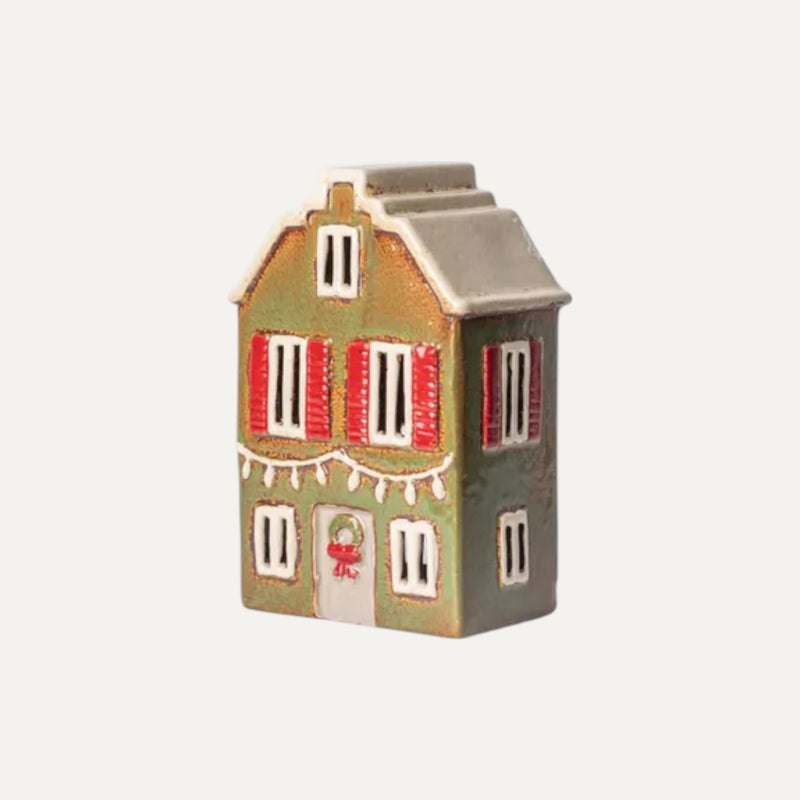 Green Alsace Tea Light House with wreath and shutters - handpainted ceramic Christmas decor
