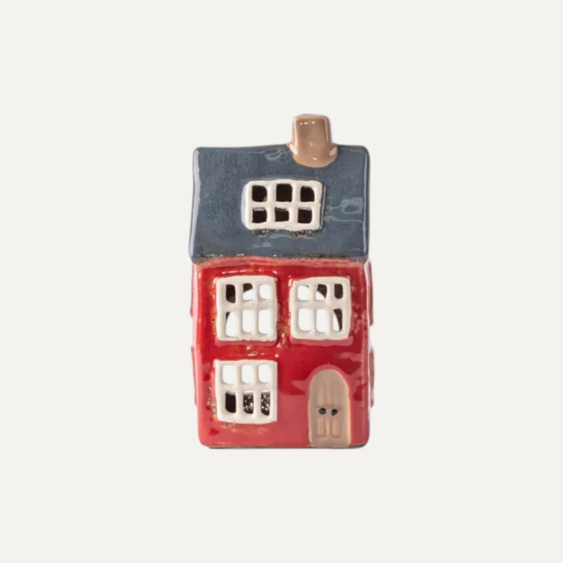 Alsace Tea Light House in Red with Navy roof - Christmas village decor