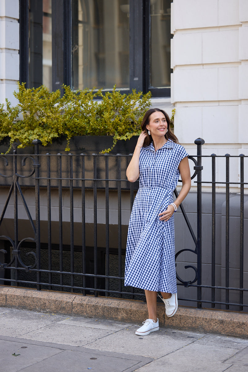 Musings Dress – Navy Gingham | 100% Cotton Midi Shirt Dress