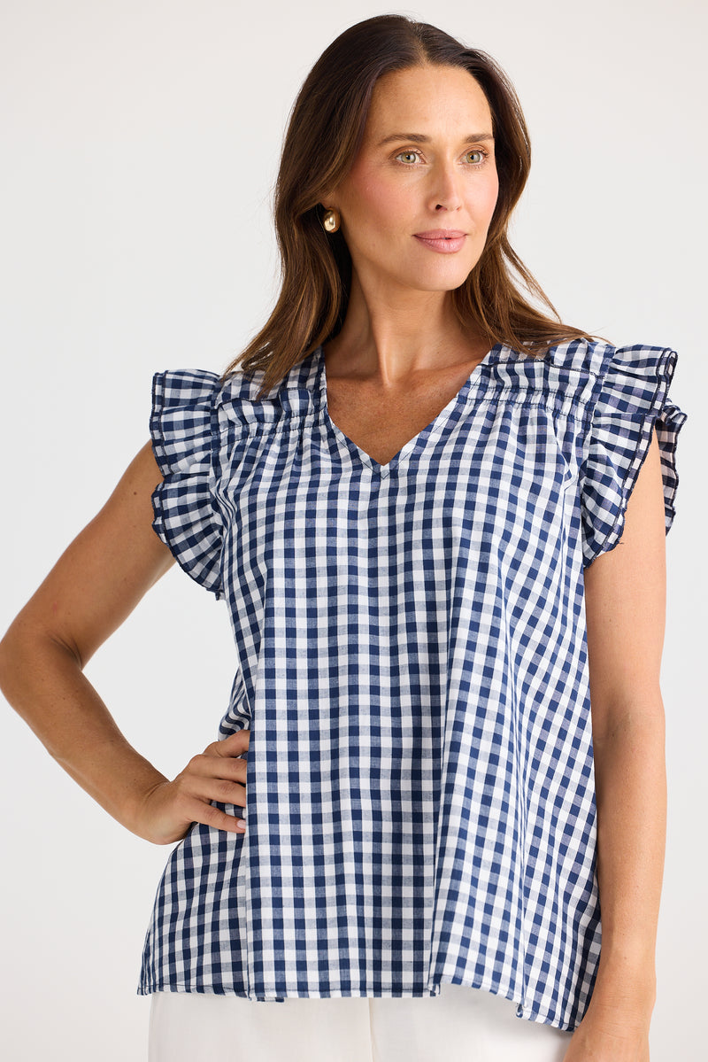 Paz Top – Navy Gingham | 100% Cotton V-Neck Blouse