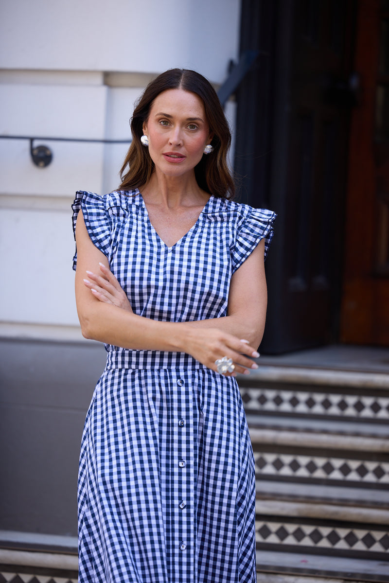 Paz Dress – Navy Gingham | 100% Cotton V-Neck Summer Dress