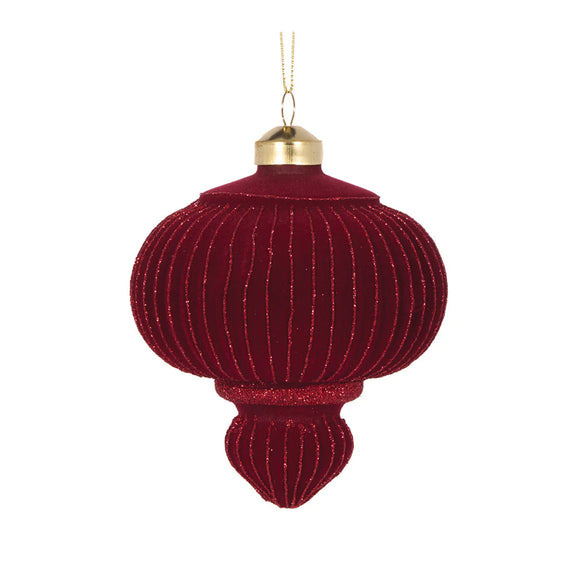 Burgundy velvet ribbed glass Christmas finial – elegant festive red hanging decoration.