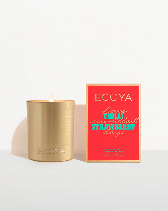 Ecoya Chilli Strawberry Goldie Candle in brushed gold vessel – Holiday Collection Christmas edition