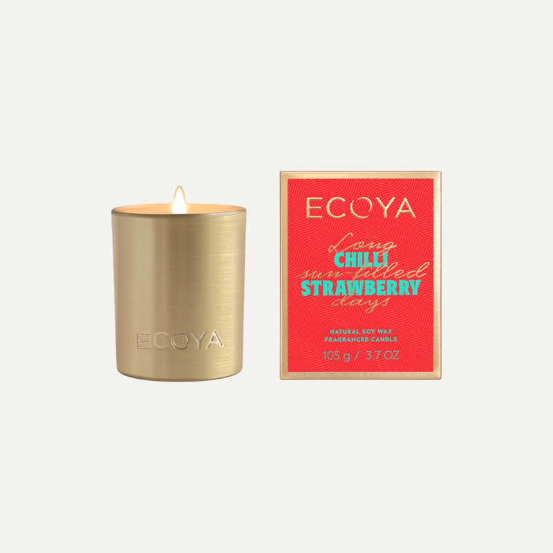 Ecoya Chilli Strawberry Mini Goldie Candle in brushed gold aluminium vessel – Holiday Collection