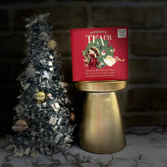 Christmas Puns Tea Bags 10pk – English Breakfast pyramid teabags with festive pun tags, eco-friendly and gift-ready limited edition
