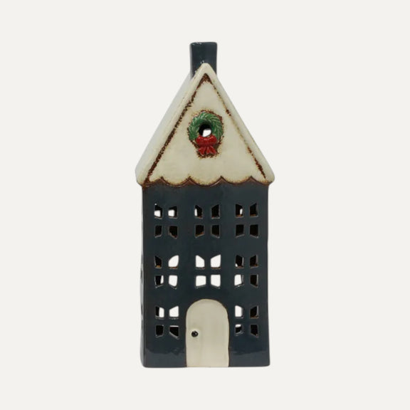 Christmas tealight house - blue, large with wreath