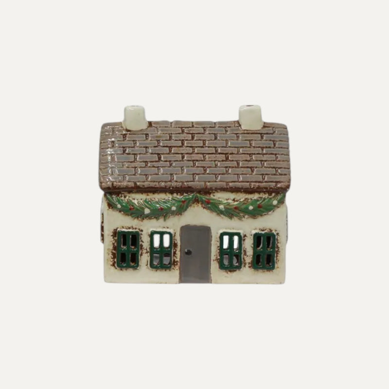 Hand-painted ceramic Christmas tea light cottage with swag christmas decor