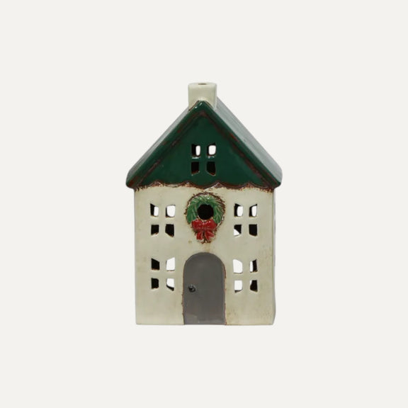 Hand-painted green ceramic Christmas tea light house with wreath
