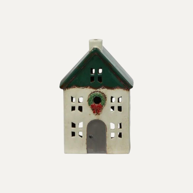 Hand-painted green ceramic Christmas tea light house with wreath