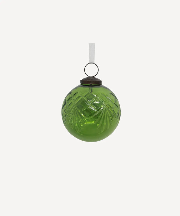 Cut Glass Bauble Green – handcrafted green glass Christmas bauble with vintage etched detailing