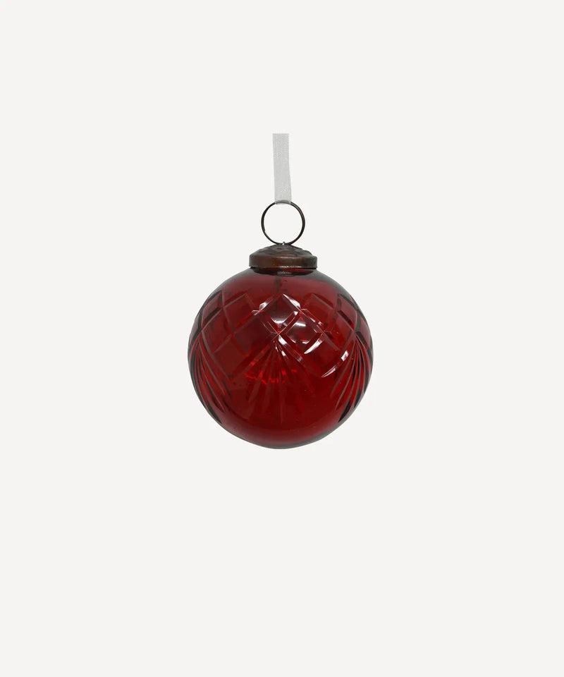 Cut Glass Bauble Red – handcrafted red glass Christmas bauble with vintage etched detailing