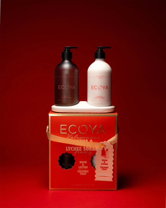 Holiday Collection Ecoya bathroom set with ceramic tray in Guava & Lychee Sorbet fragrance