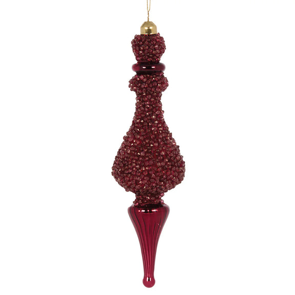 Exquisite beaded burgundy glass Christmas finial – elegant hanging ornament. Beaded red christmas decoration.