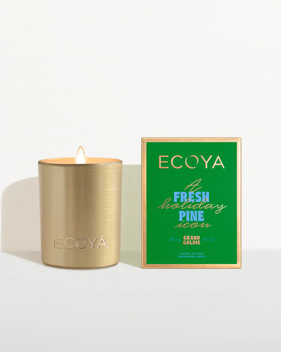 Ecoya Fresh Pine Mini Goldie Candle – Holiday Collection in brushed gold vessel