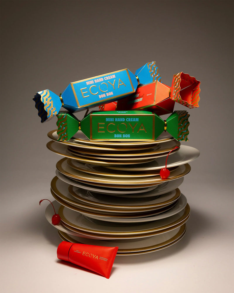 Mini Ecoya Hand Cream Bon Bon in Fresh Pine fragrance styled with Christmas décor