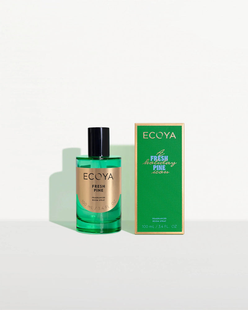 Ecoya Fresh Pine Room Spray – Holiday Collection in festive glass bottle and box
