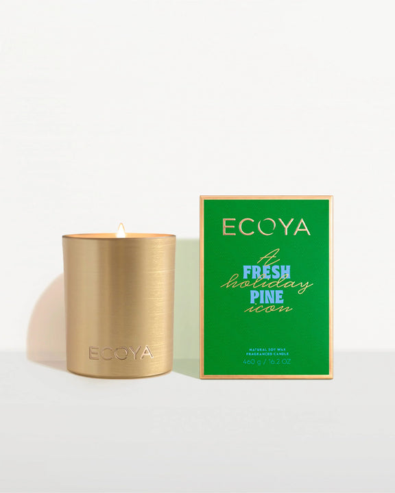 Ecoya Fresh Pine Goldie Candle – Holiday Collection in brushed gold aluminium vessel