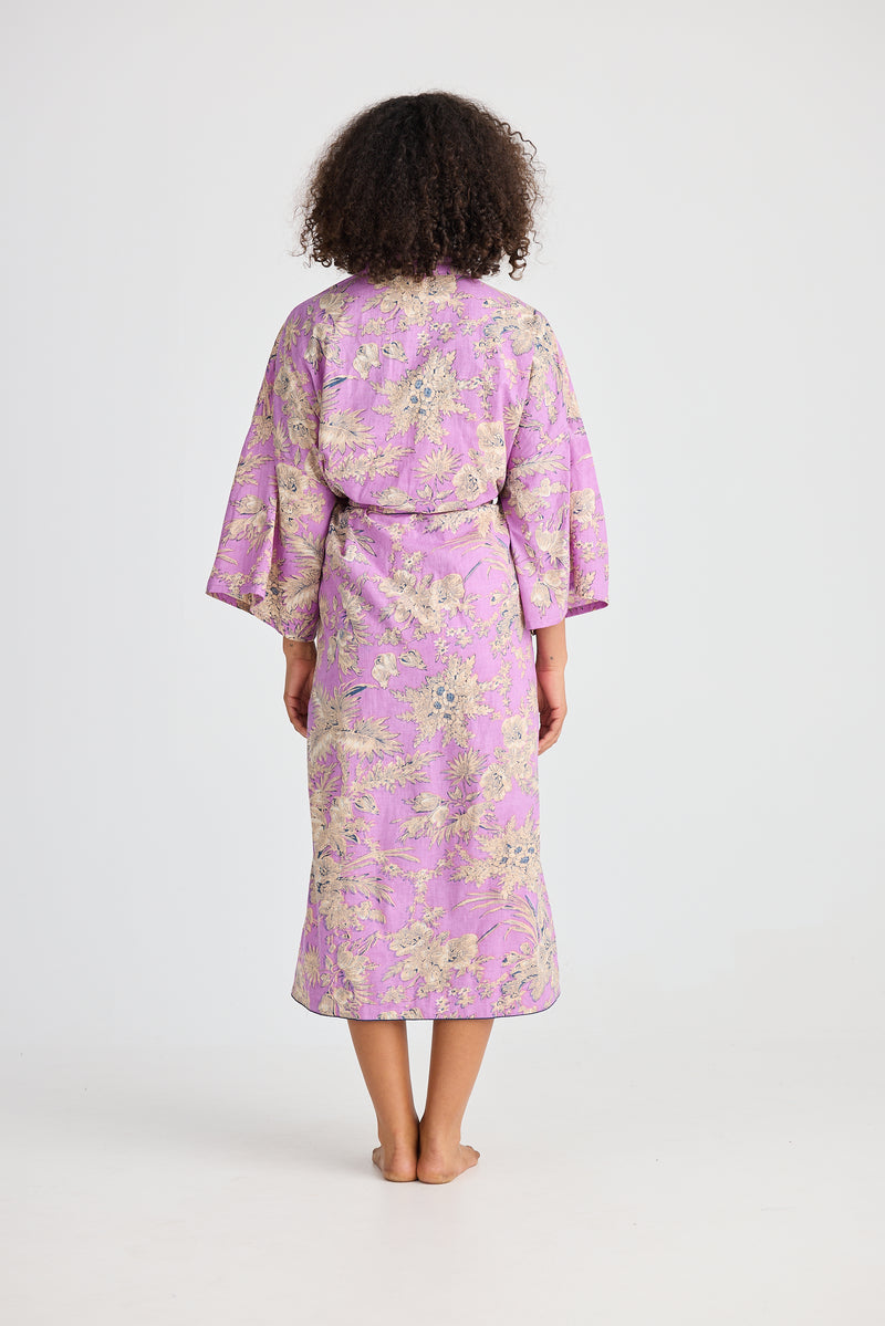 Namaste Robe | Purple Haveli Print | Cotton Kimono Style