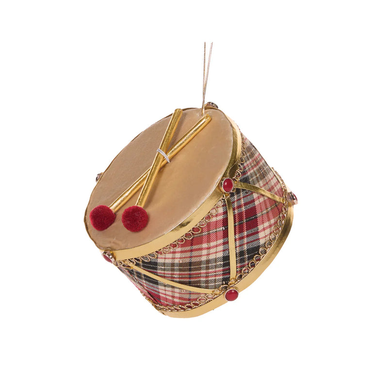 Medium red and green winter tartan Christmas drum decoration – classic festive display piece. Christmas tree decoration or home festive styling.