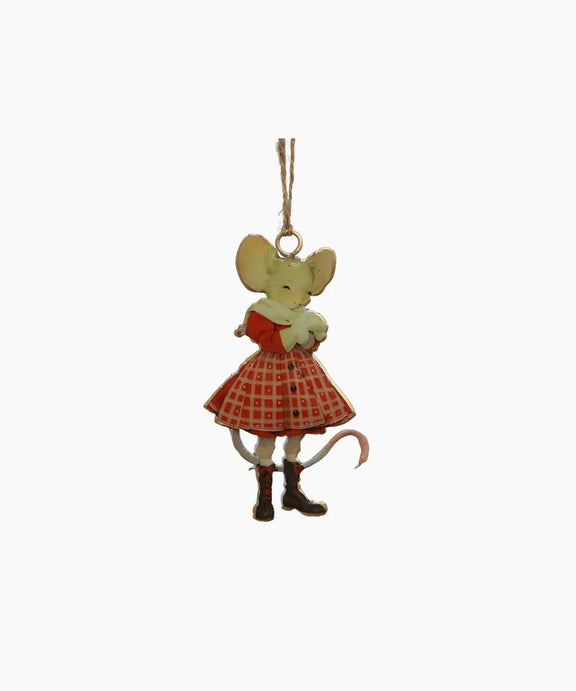 Maggie Red Check Hanging Mouse – enamel Christmas tree decoration with red check design
