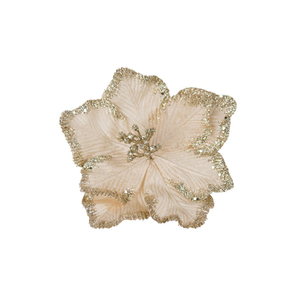 Champagne magnolia clip-on flower with gold glitter edge