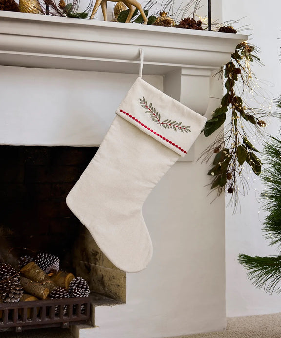 Mistletoe Branch Christmas Stocking – embroidered linen festive décor