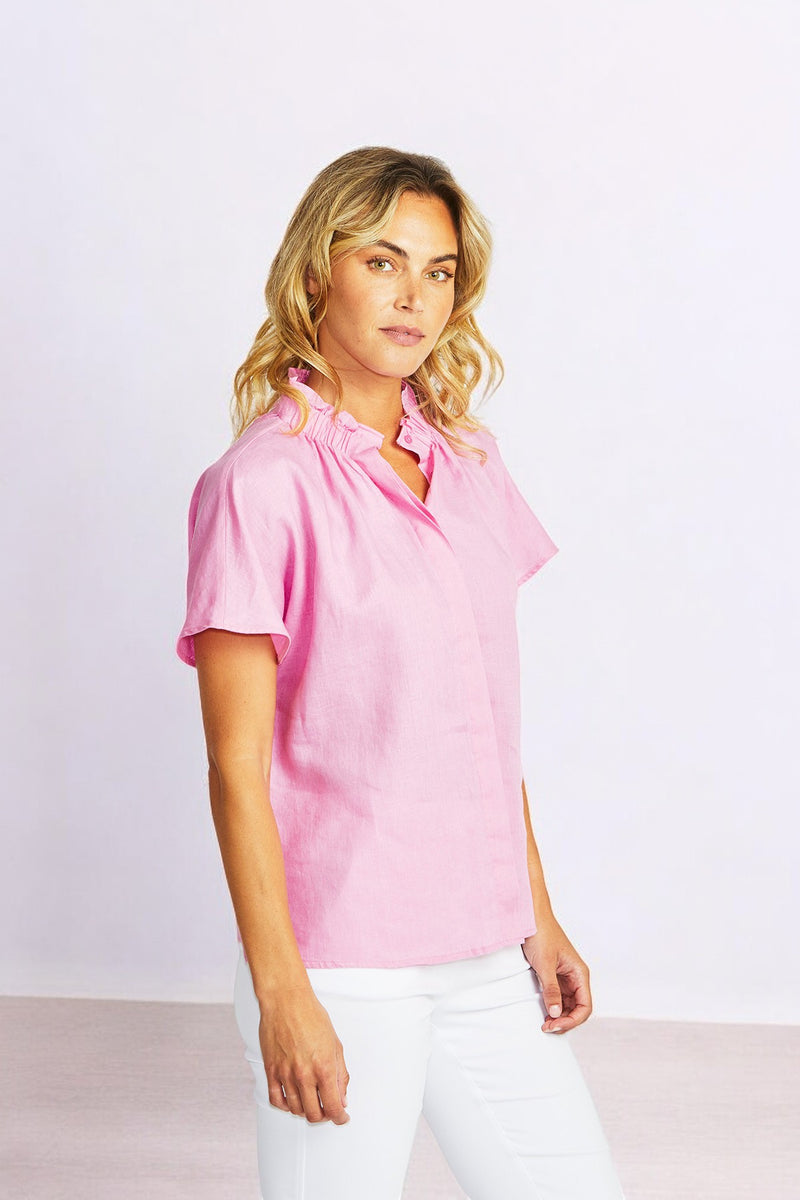 Nora Linen Ruffle Blouse - Bubblegum