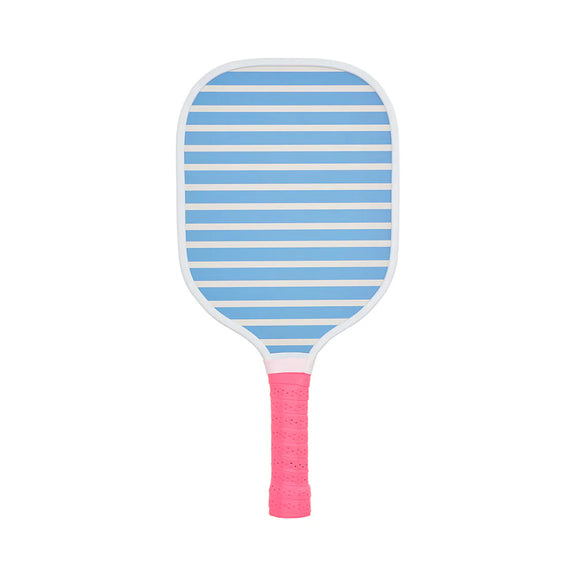 Striped paddle with blue and white stripes and a pink handle on a white background
