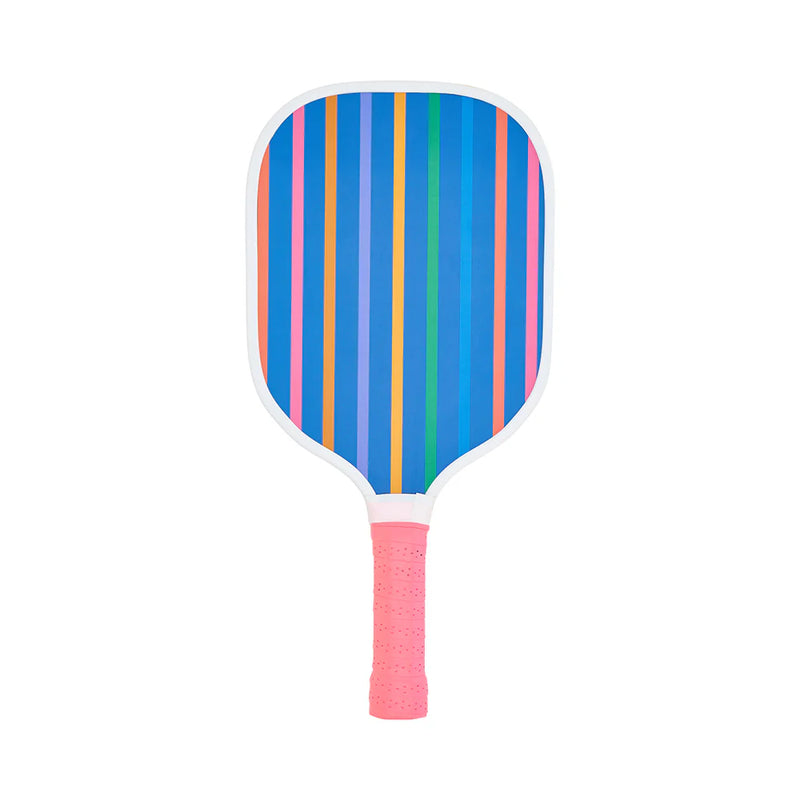 Colorful striped paddle with a pink handle on a white background