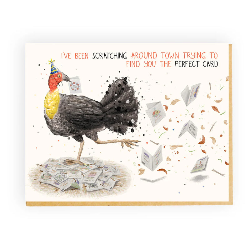 Card with a bush turkey character and humorous text on a white background