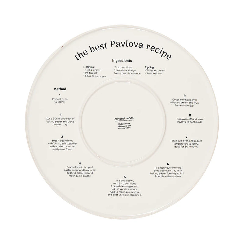 Back of Colourful boxed pavlova plate – perfect for summer entertaining. SHowing pavlova recipe