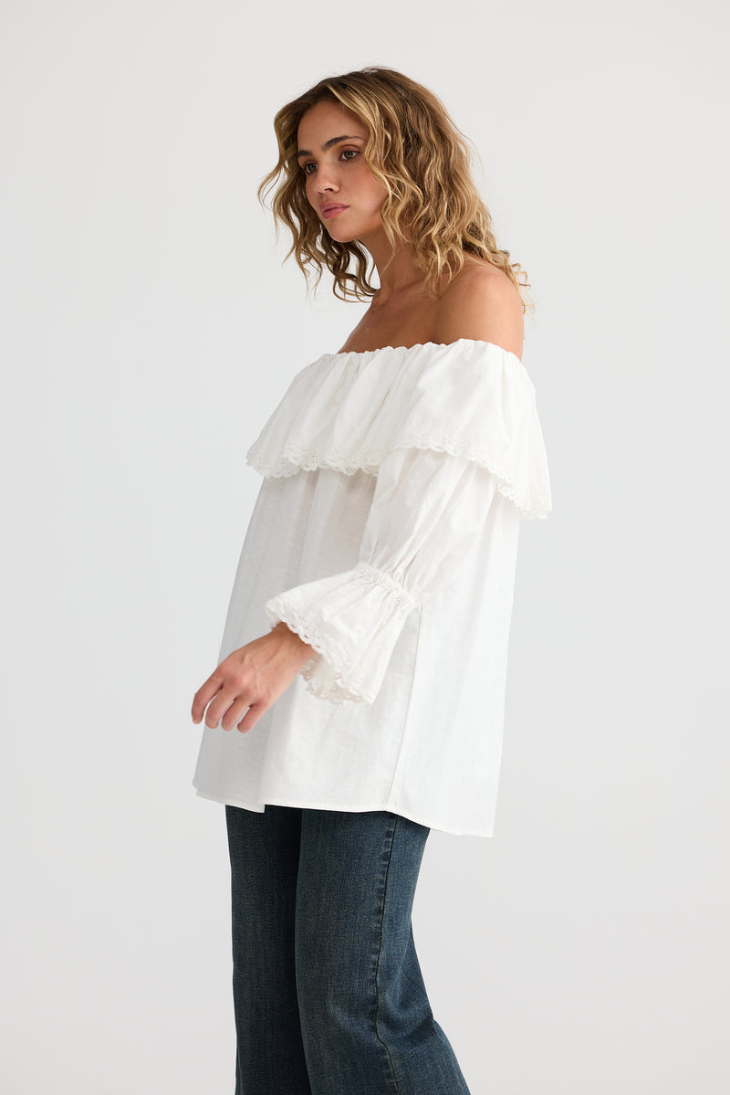 Tamil Top – Off White Cotton Linen Blend Women’s Off-Shoulder Top