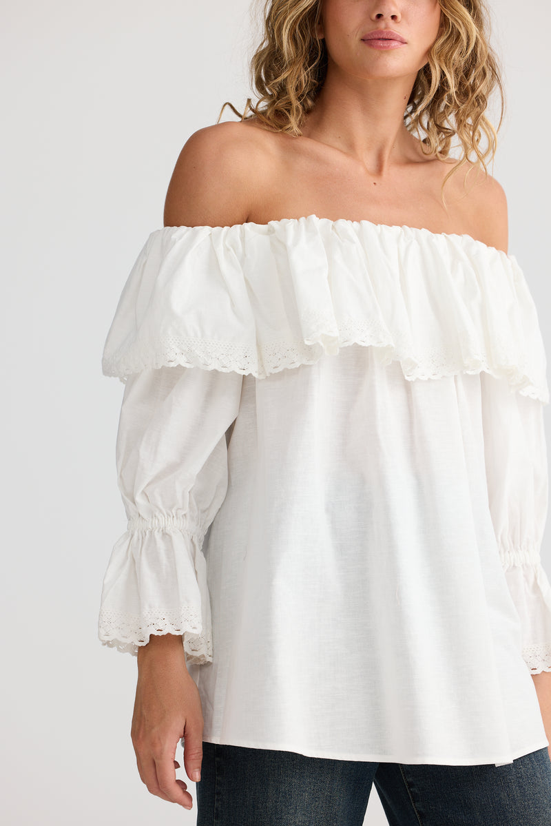 Tamil Top – Off White Cotton Linen Blend Women’s Off-Shoulder Top