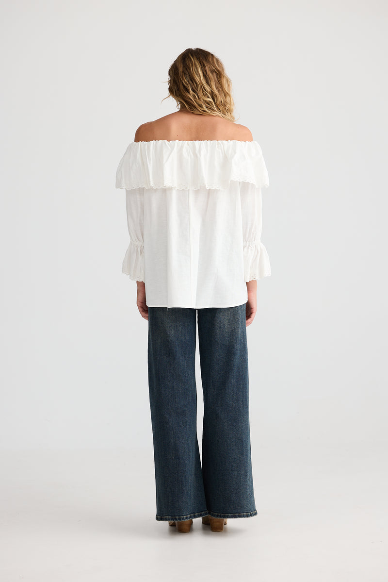 Tamil Top – Off White Cotton Linen Blend Women’s Off-Shoulder Top