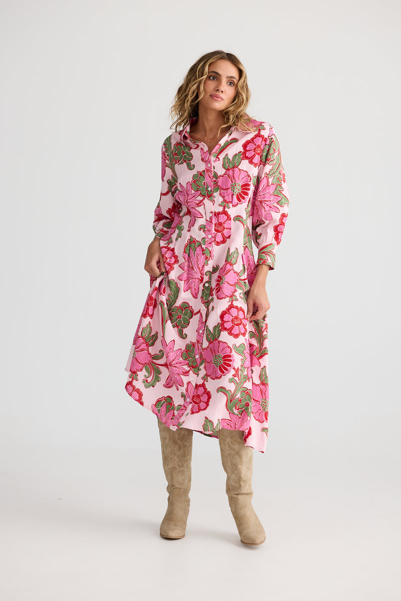 Pink Ibiza printed dress with buttons, bishop sleeves & pleat waist