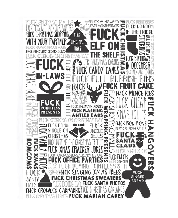 Funny Christmas F Word tea towel in black – rude novelty gift for adults or Secret Santa