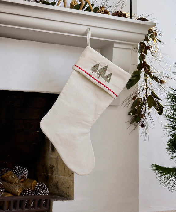 Tree with Lights Christmas Stocking – embroidered linen festive décor