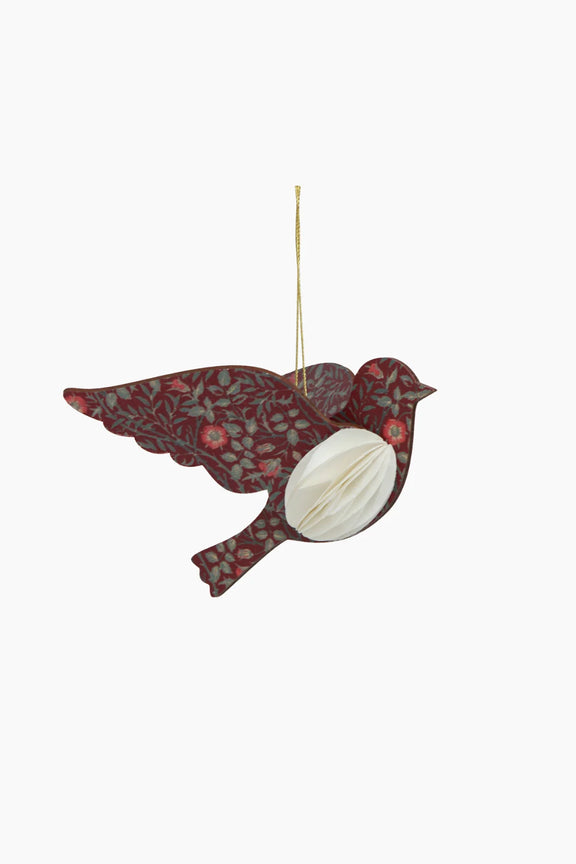 Vintage Pattern Hanging Bird Burgundy with gold string displayed on Christmas tree.