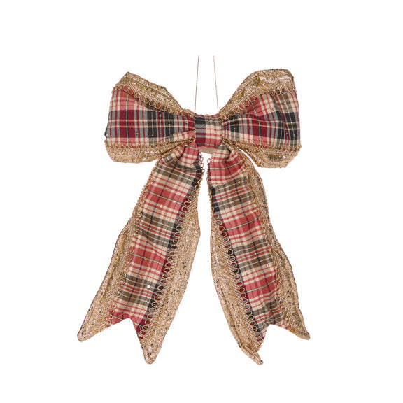 Large red and green tartan Christmas bow decoration – classic festive fabric bow for tree or wreath.