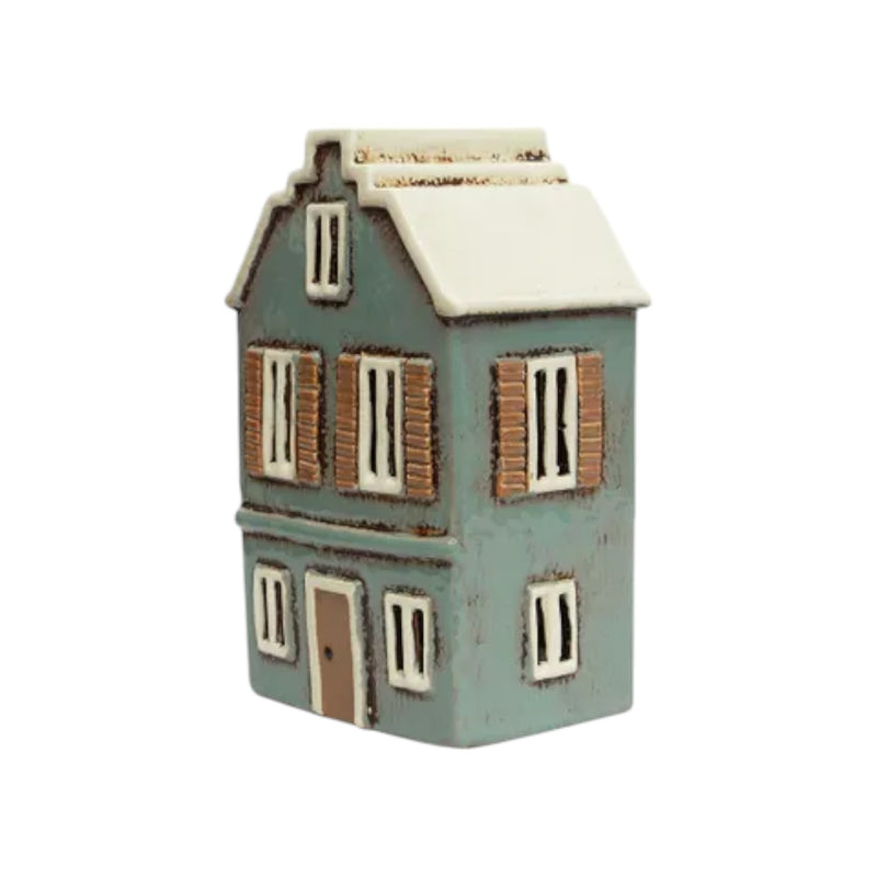 Blue ceramic Alsace Tea Light House with shutters – hand-painted Christmas décor