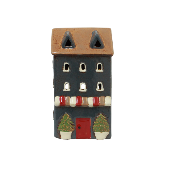 Alsace Navy Ceramic Tea Light Shop – hand-painted Christmas house décor