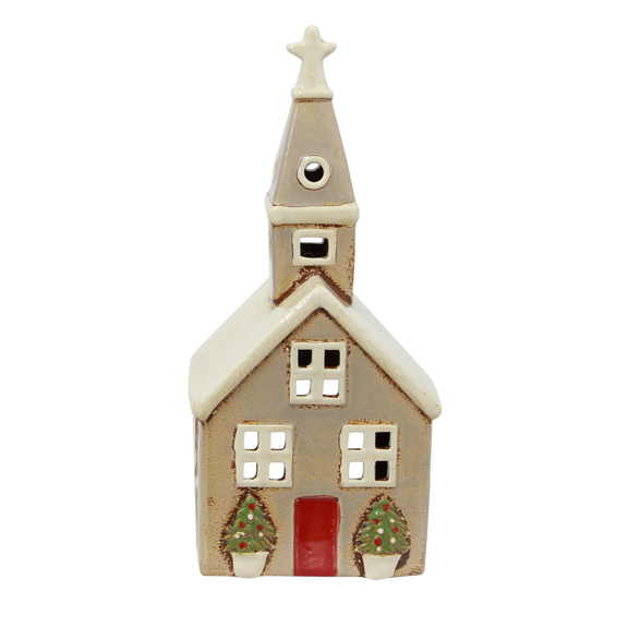 Alsace Tea Light Church Christmas Stone – hand-painted ceramic Christmas décor