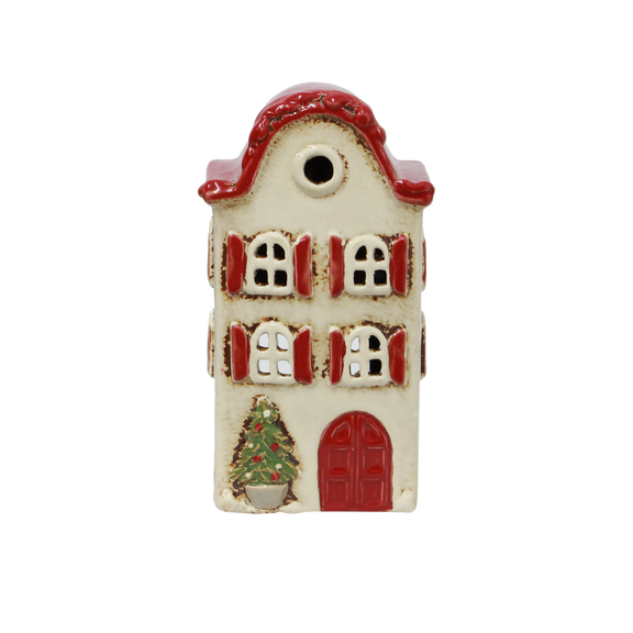 Alsace Tea Light Villa Christmas Stone with Red Shutters – hand-painted ceramic Christmas house décor