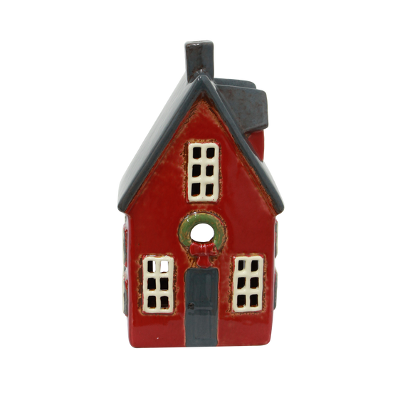 Red Alsace Tea Light Cottage with wreath – ceramic Christmas house