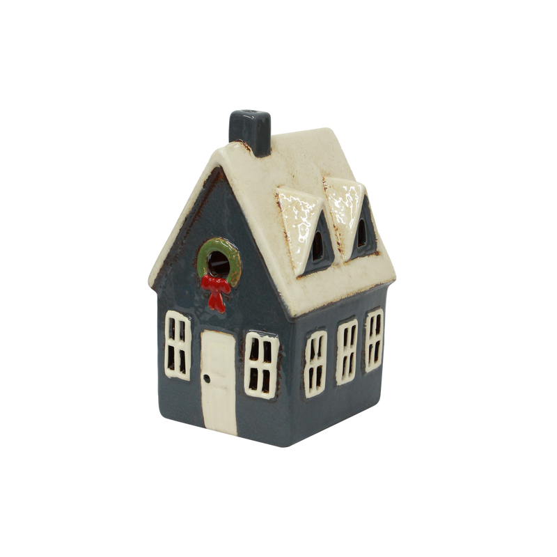 Alsace Tea Light Cottage with Wreath – Hand-Painted Navy Ceramic House